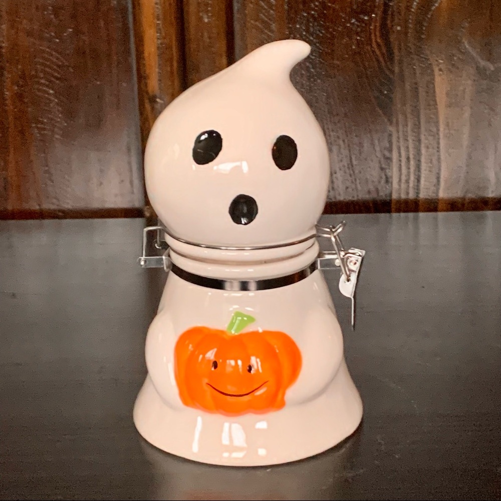 Halloween Ghost with Pumpkin Ceramic Hinged Jar